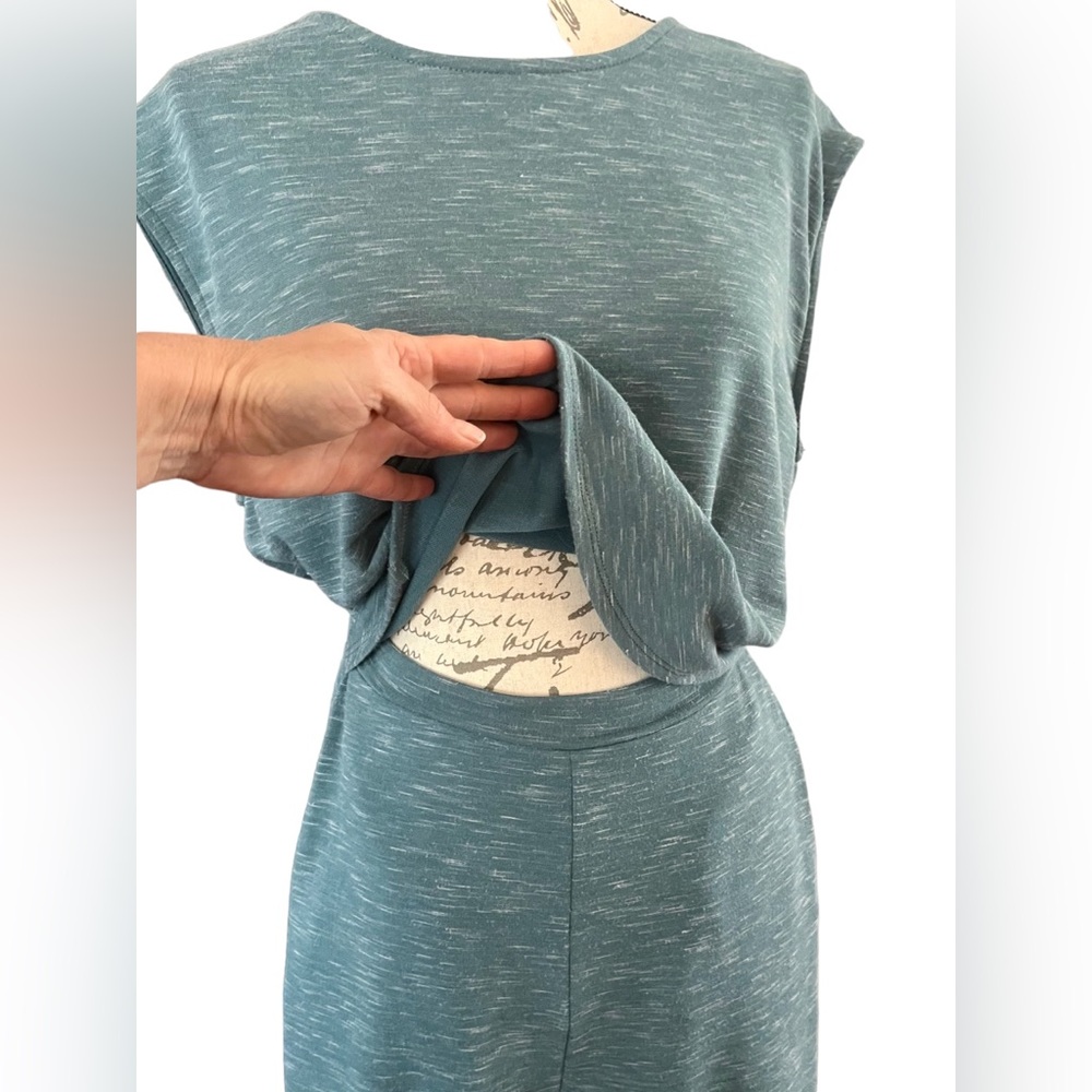 Bucket List Wide Leg Heather Light Blue Jumpsuit Small EUC Pockets Lounge Sweats - Picture 9 of 15